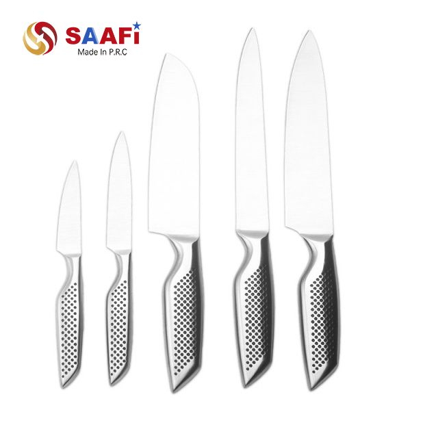 Juego de cuchillos de cocina con mango hueco de acero inoxidable de 5 piezas: cuchillos para chef, pan, tallado, utilitarios y peladores